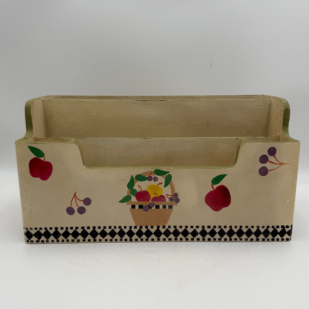 Vintage Wooden Desk Organizer Fruit Basket Apples Cherries Hand Painted Cream